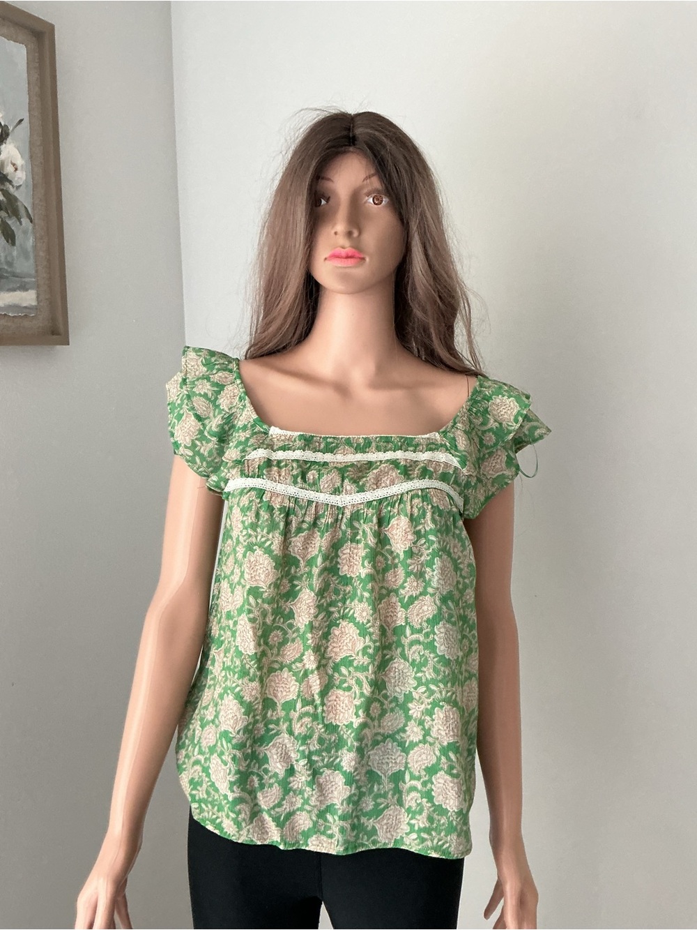 mine Green Floral Square-Neck Ruffle Sleeve Blouse